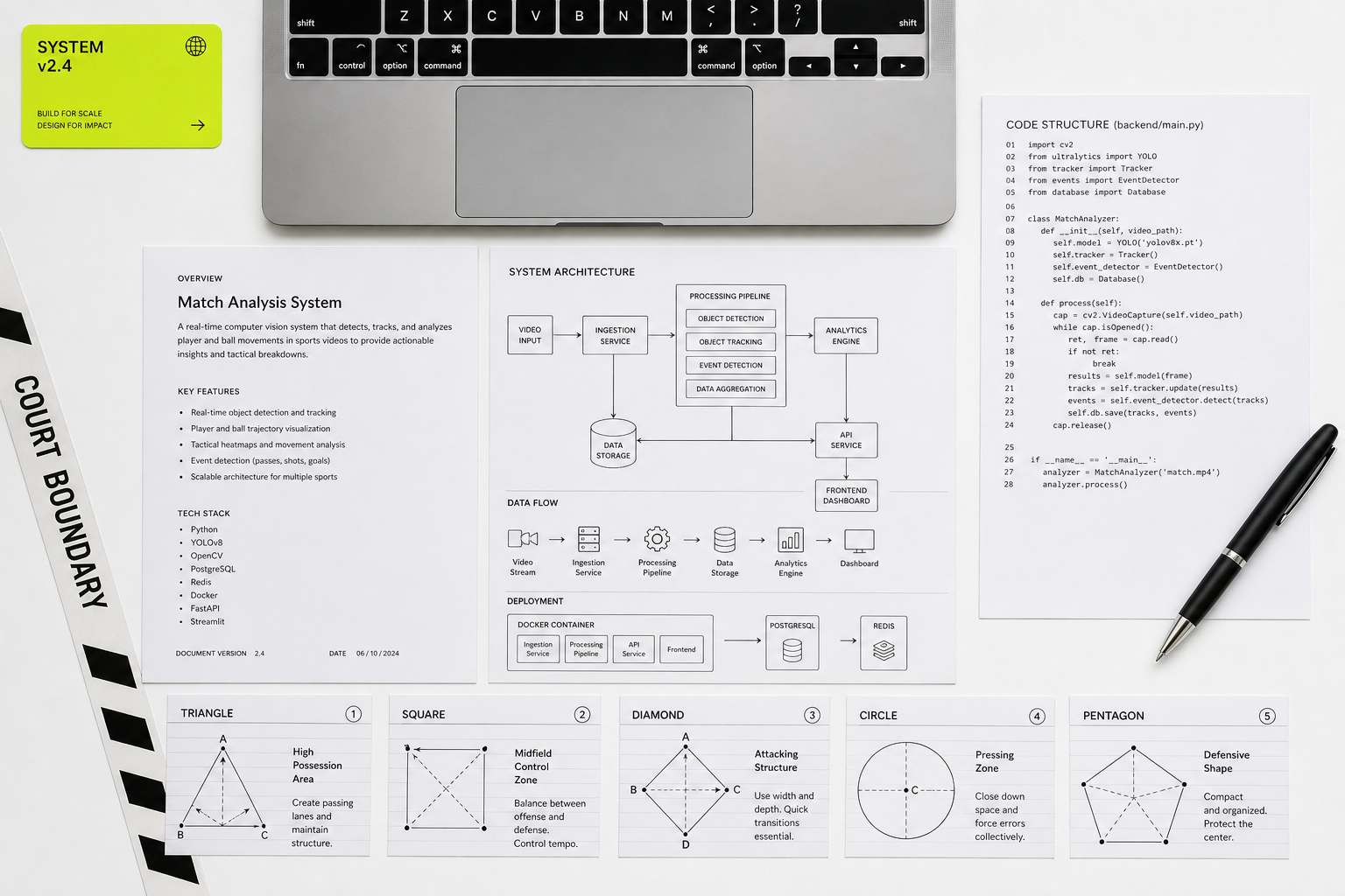 Top-down tactical planning composition — code documentation, strategy cards and screens arranged on a court-chalk surface