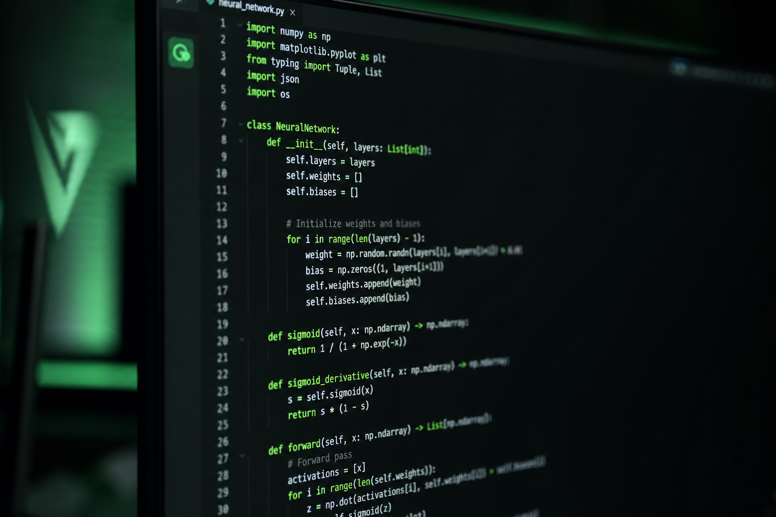 Close-up of software code flowing on screen at GASHP LTD — electric lime on deep green display, precision engineering environment