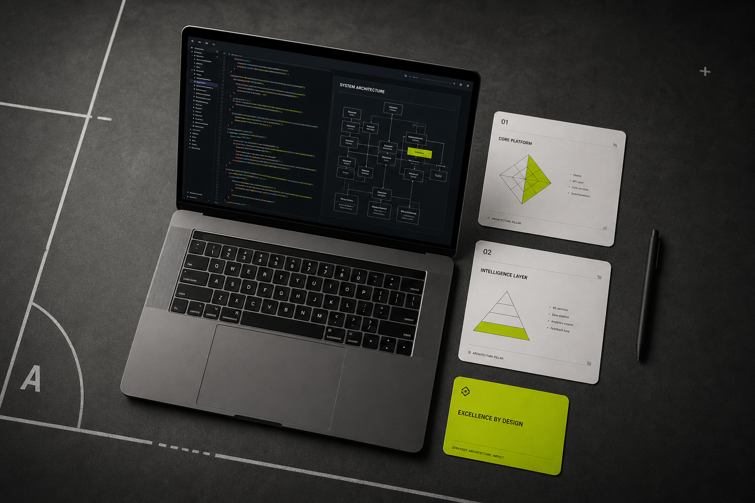 Strategic software development planning environment at GASHP LTD — tactical coordination board with code diagrams and screens