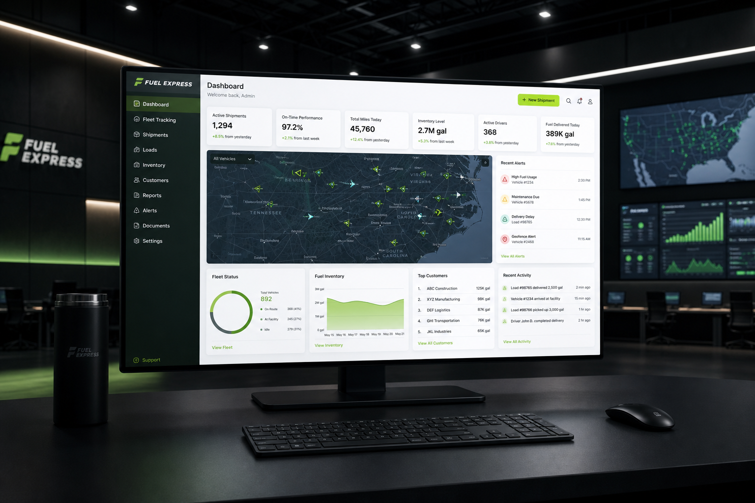 Enterprise logistics management platform built by GASHP LTD — large screens showing real-time fleet coordination interface