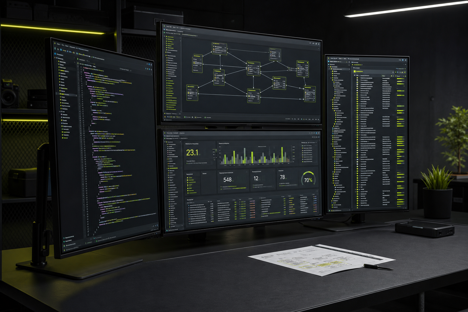GASHP LTD technical workstation — multiple screens displaying code, architecture diagrams and system dashboards in a focused engineering environment